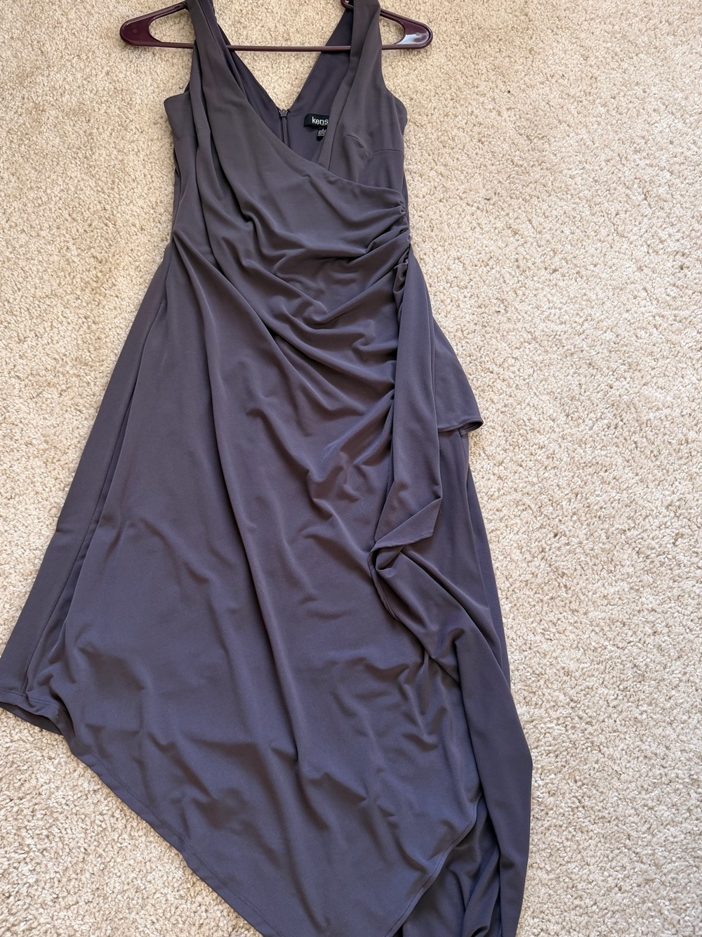 Kensie Dark Charcoal Asymmetrical Draped V-Neck Dress